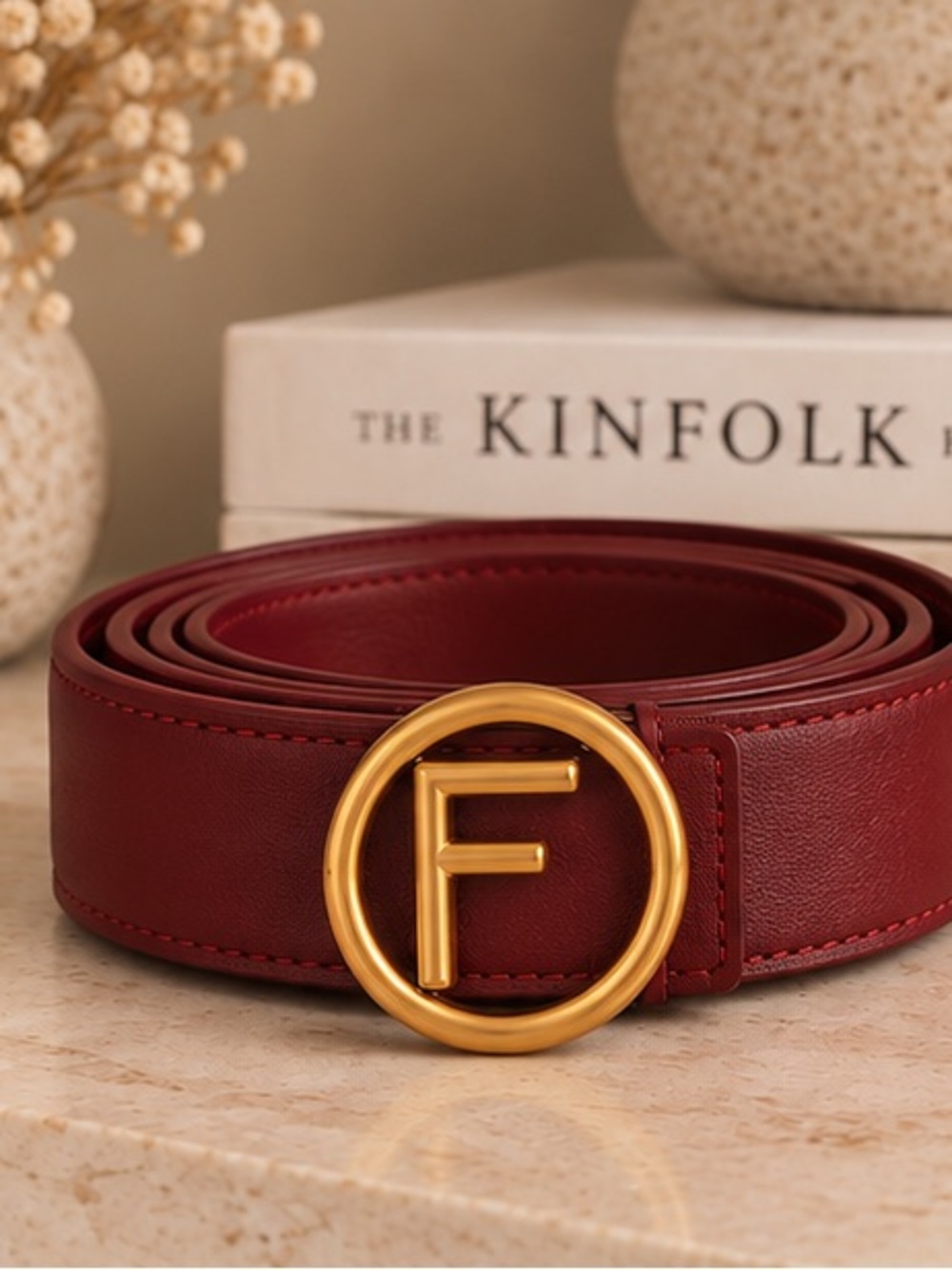 Burgundy Designer Inspired Logo Belt Gold Tone Buckle